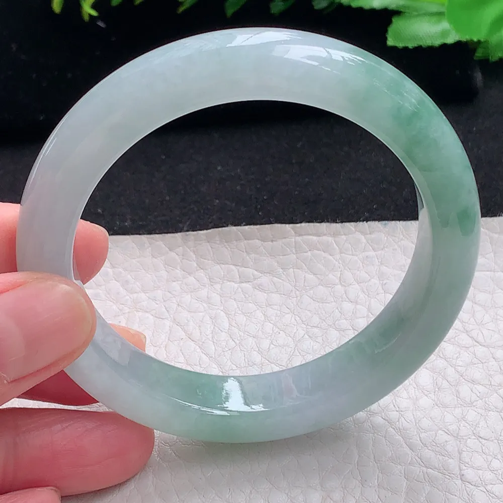 ll自然光55.5*11.7*8.5平安镯 天然缅甸翡翠a货冰飘花宽边玉镯子 玉手环