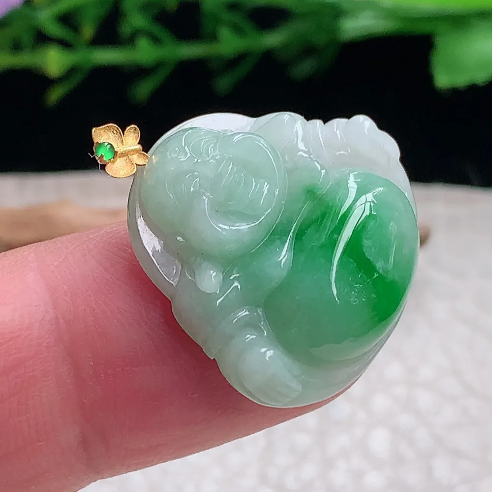 axm自然光23*28*6.8天然缅甸翡翠a货飘阳绿佛公 弥勒佛玉坠 玉挂件