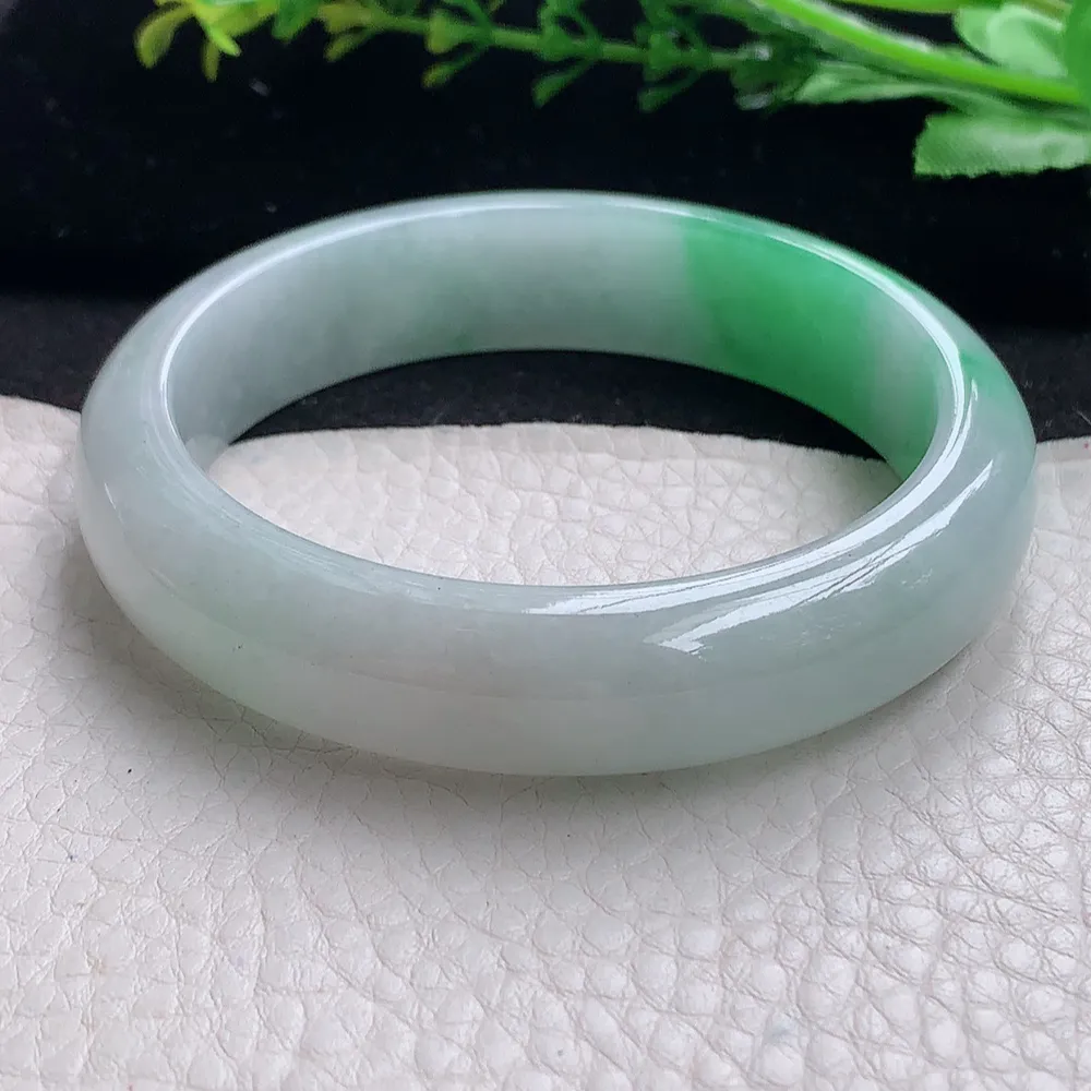 ll自然光58*14.2*8平安镯 天然缅甸翡翠a货飘阳绿宽边玉镯子 玉手环