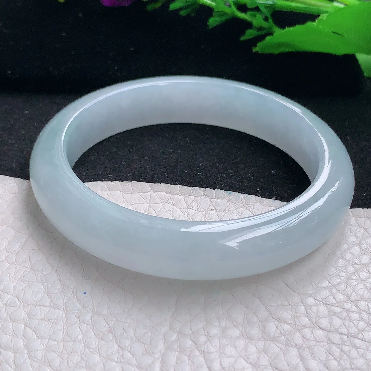 r自然光56.5*12.3*8.3平安镯 天然缅甸翡翠a货冰胶白月光宽边玉镯子 玉手环