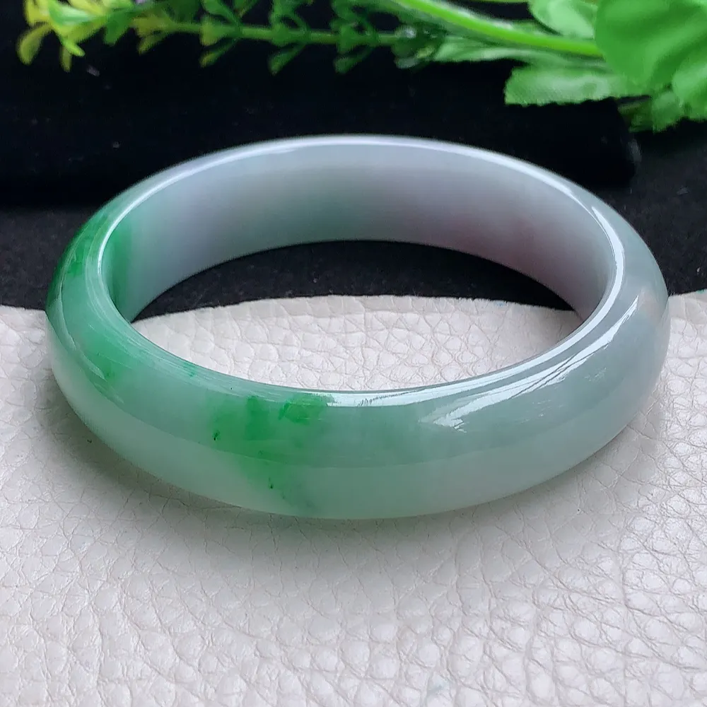 ll自然光59.5*15.2*8轮胎镯 天然缅甸翡翠a货辣绿宽边玉镯子 玉手环