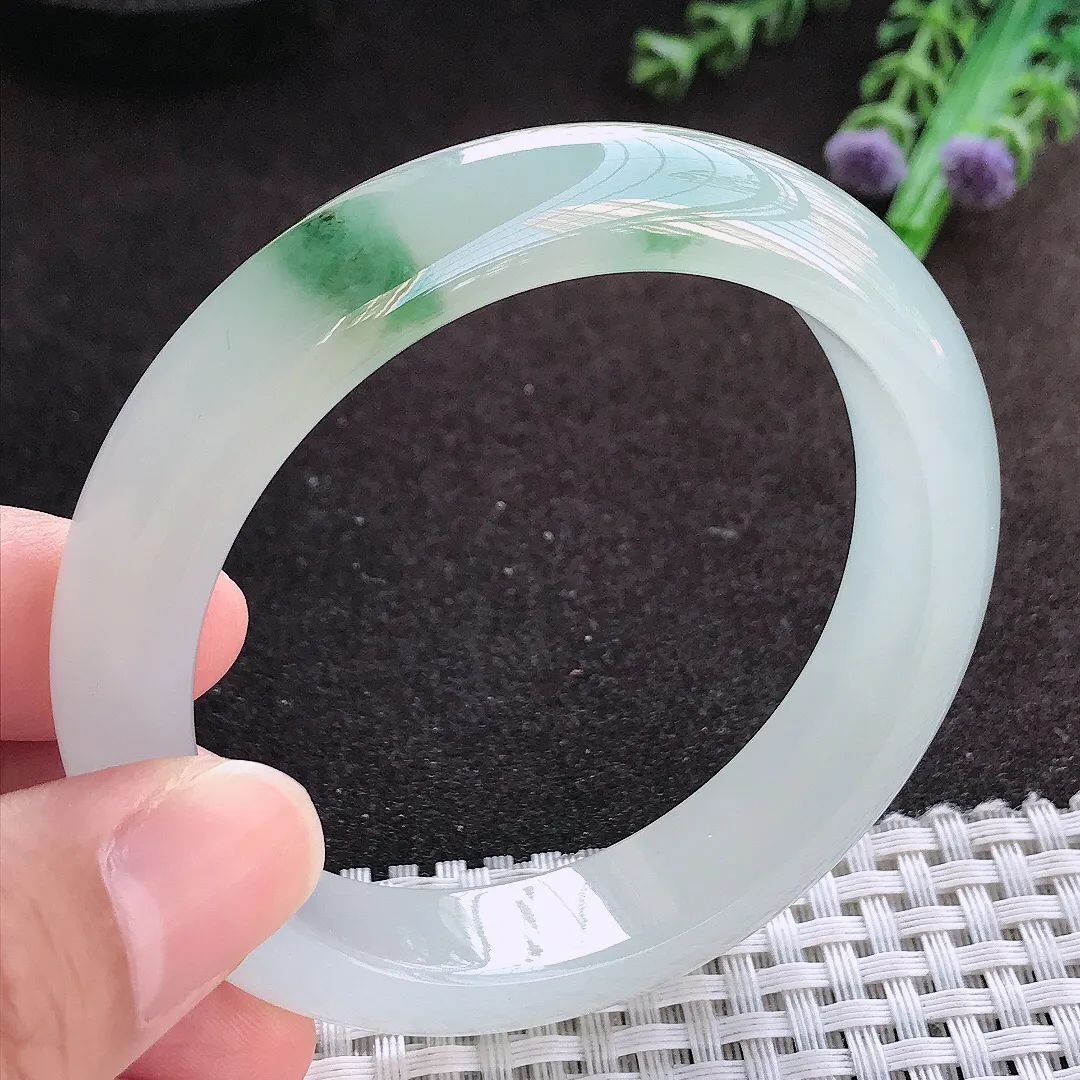 自然光56/12.9/8.3老坑冰透果冻胶冰飘花手镯宽边翡翠玉镯美人镯