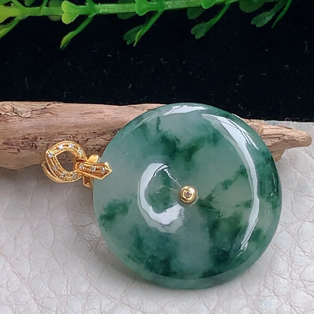 axm自然光26.2*4.3天然缅甸翡翠冰飘花平安扣 玉扣玉吊坠 玉挂件