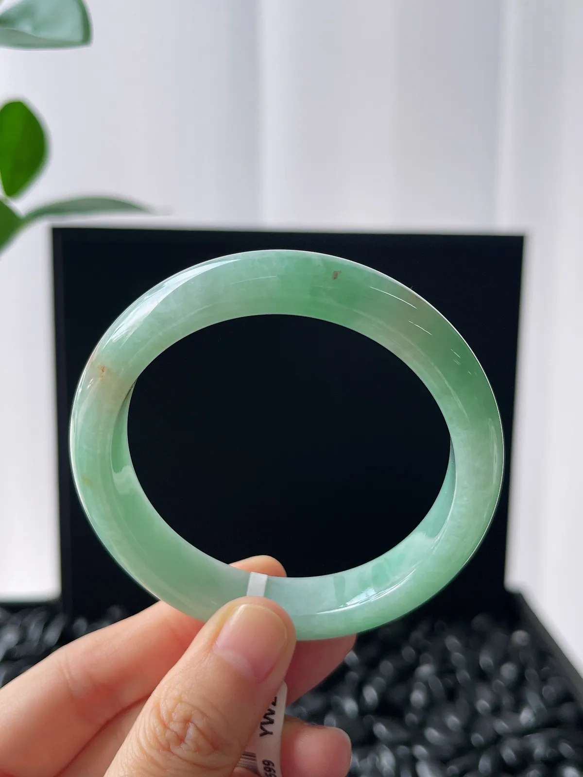 正圈54.5圈口，翡翠糯化种飘绿手镯