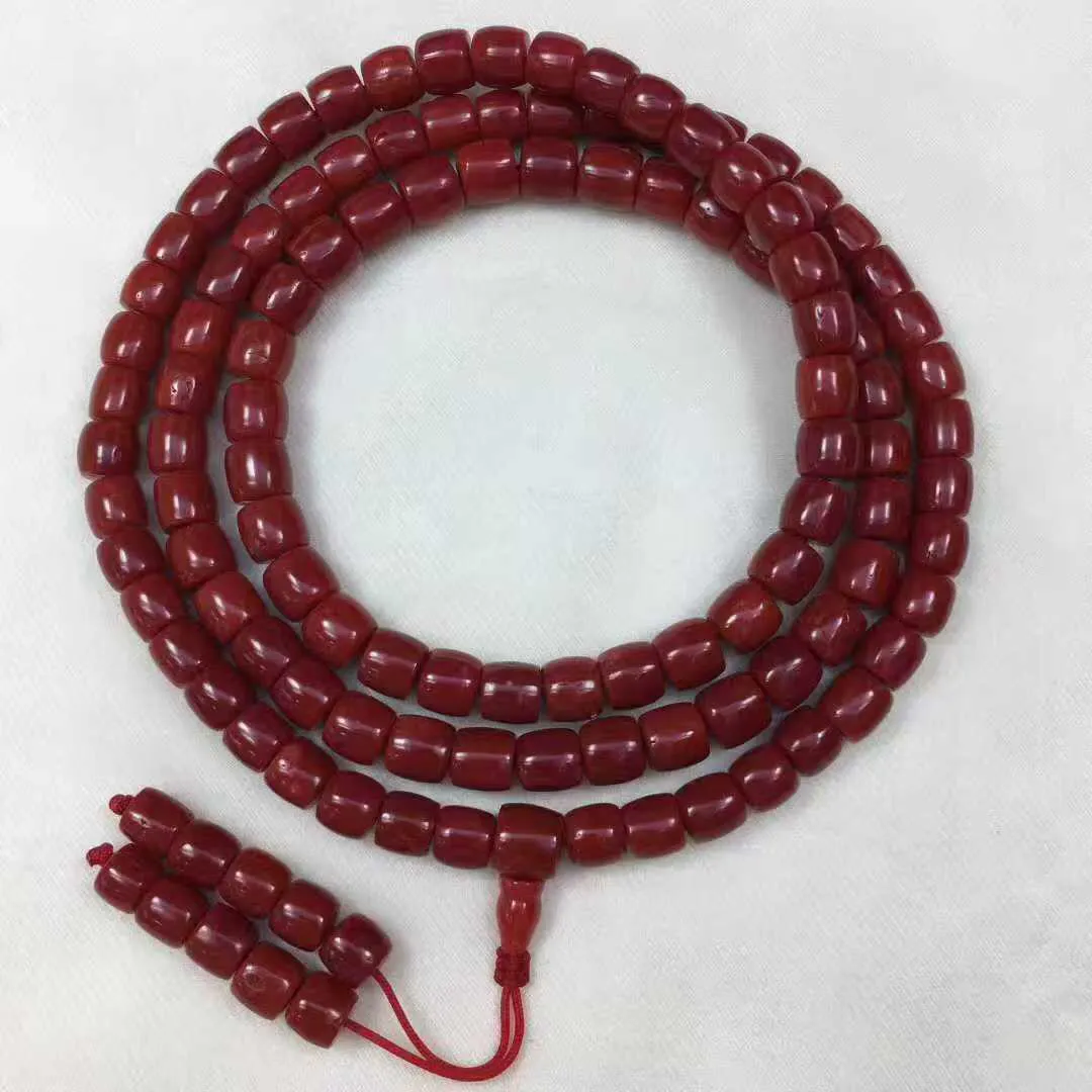 【天然深牛血珊瑚小8mm老型大桶珠108佛珠串】项链手链两用款！传承精品！西班牙产地，科西卡材料，深