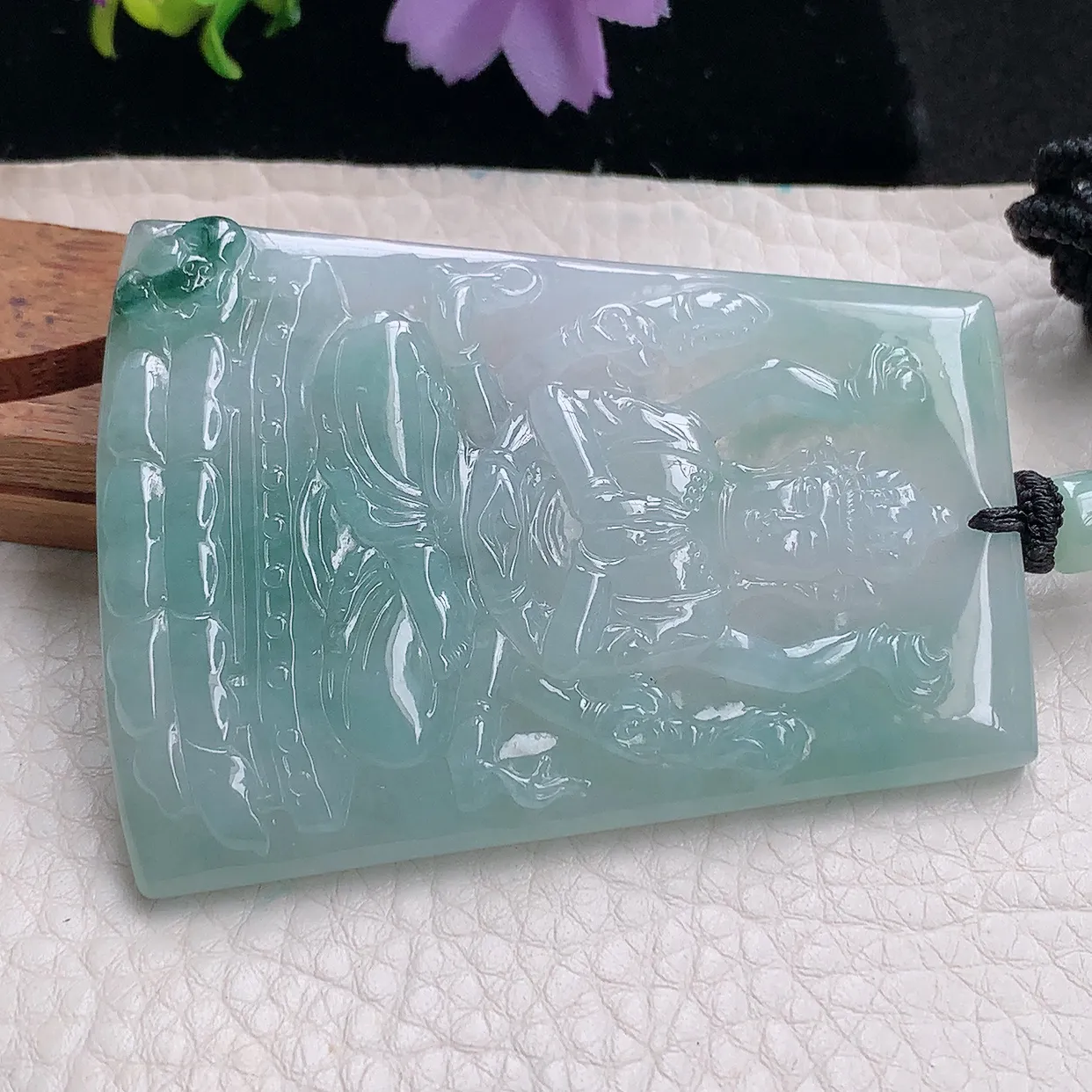 yl自然光65*48*6.3天然缅甸翡翠冰飘花千手观音 玉观音玉吊坠 玉挂件