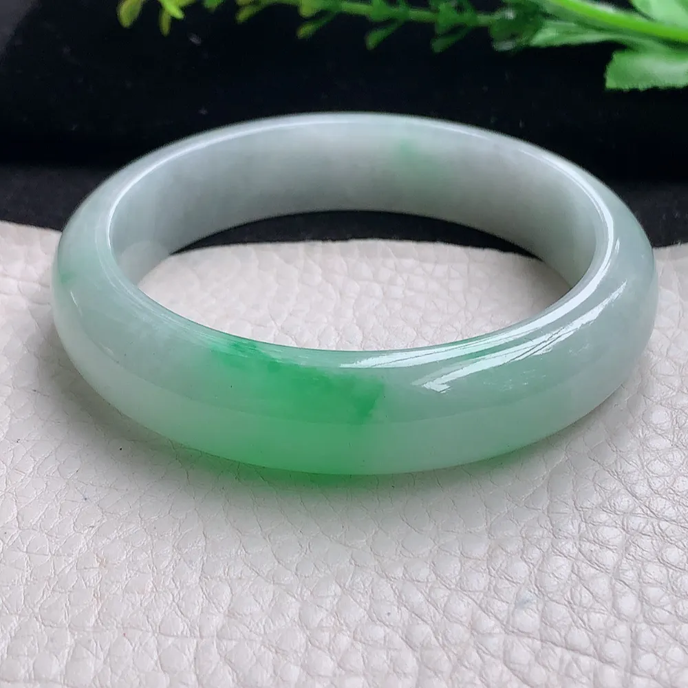 ll自然光58*14.2*8平安镯 天然缅甸翡翠a货飘阳绿宽边玉镯子 玉手环