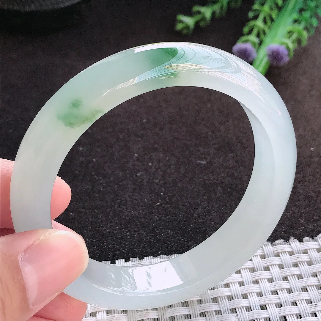 自然光56/12.9/8.3老坑冰透果冻胶冰飘花手镯宽边翡翠玉镯美人镯