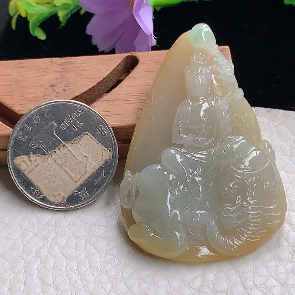 lz自然光33.8*19.5*6.8天然缅甸翡翠冰双彩普贤菩萨 玉观音玉吊坠 玉挂件