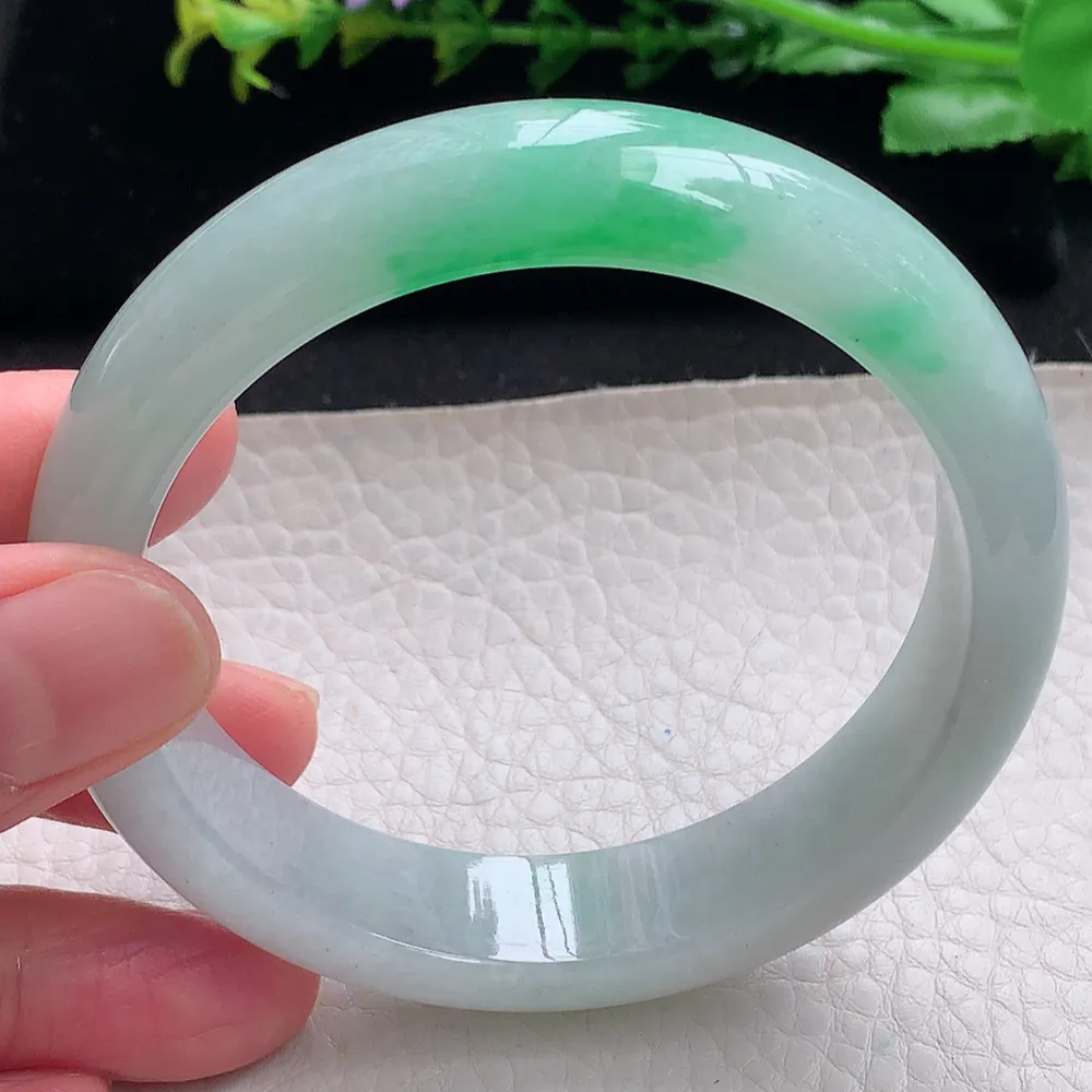 ll自然光58*14.2*8平安镯 天然缅甸翡翠a货飘阳绿宽边玉镯子 玉手环