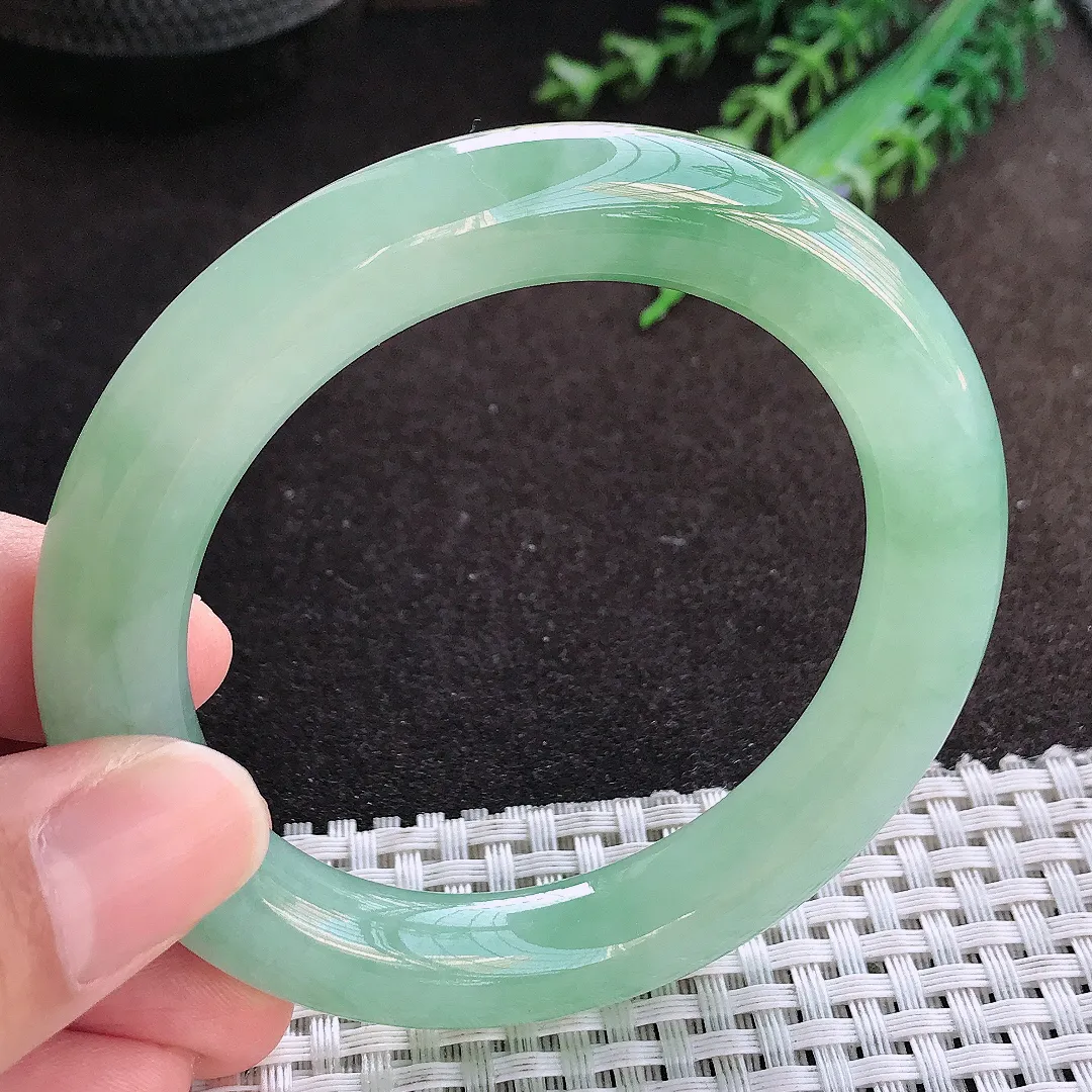 自然光54.5/18.7/10.8老坑冰胶果冻冰晴绿圆条手镯翡翠玉镯美人镯