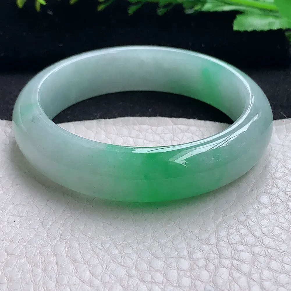 ll自然光55*14.2*7.8平安镯 天然缅甸翡翠a货飘阳绿宽边玉镯子 玉手环