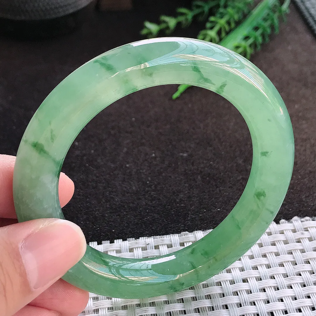 自然光55/11.2/11老坑冰胶果冻冰晴满绿圆条手镯翡翠玉镯美人镯