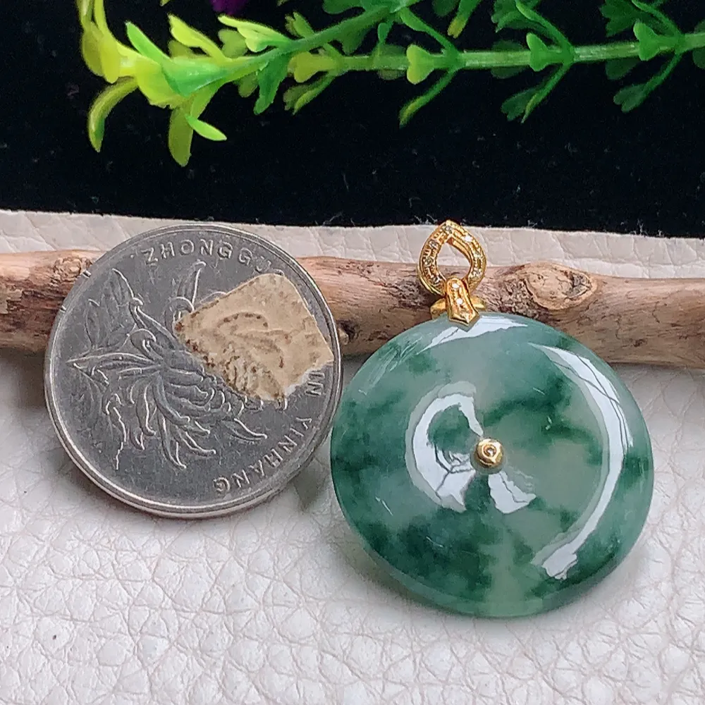 axm自然光26.2*4.3天然缅甸翡翠冰飘花平安扣 玉扣玉吊坠 玉挂件