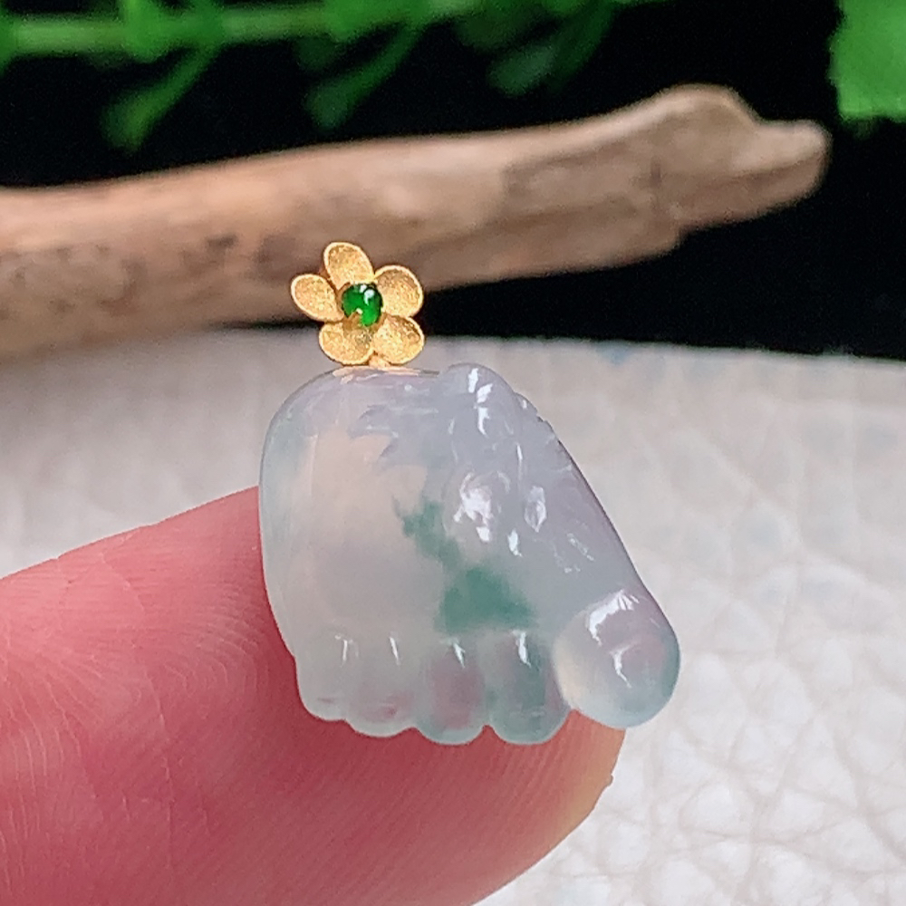 axm自然光16*13.3*9.2天然缅甸翡翠冰飘花知足常乐 小脚丫玉吊坠 锁骨坠