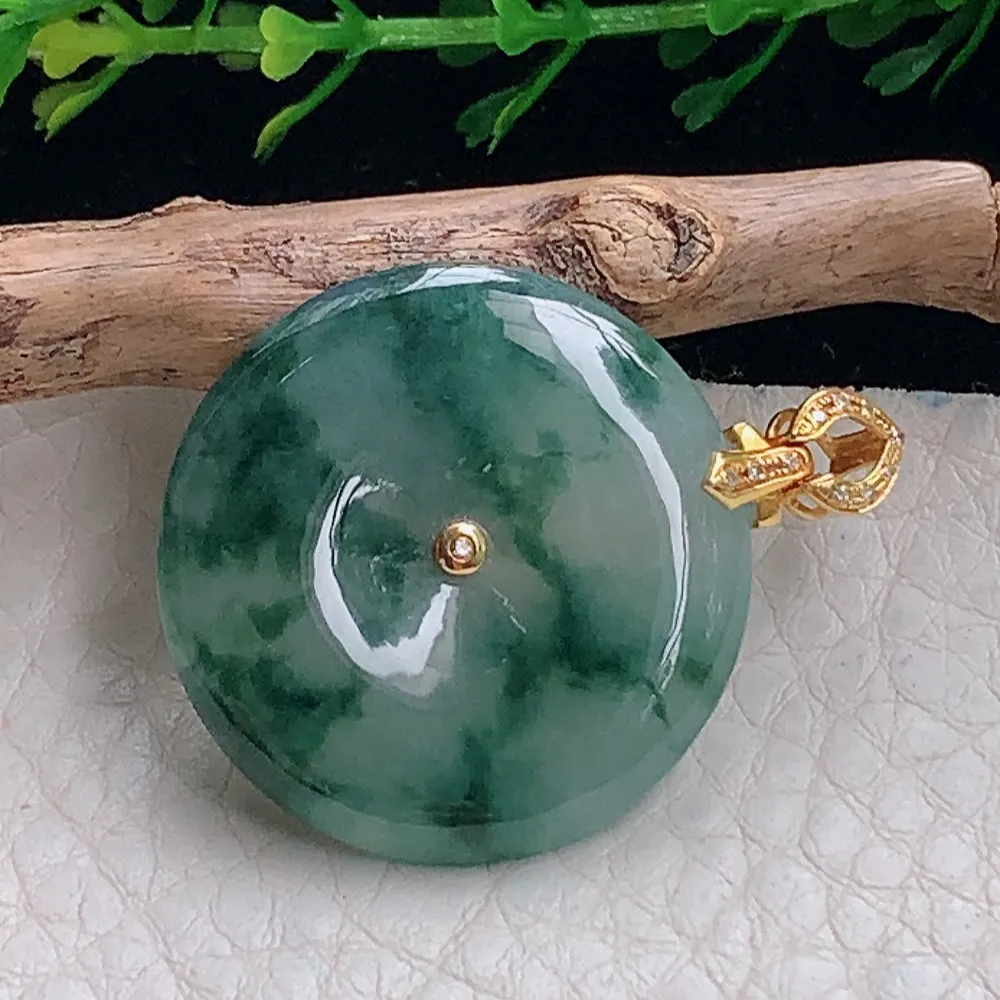 axm自然光26.2*4.3天然缅甸翡翠冰飘花平安扣 玉扣玉吊坠 玉挂件