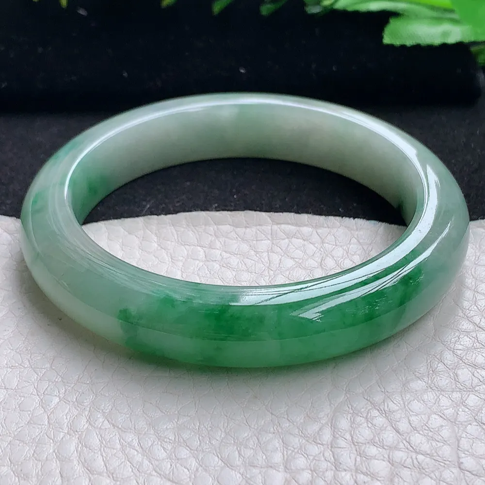 ll自然光56.5*11.6*8.7平安镯 天然缅甸翡翠a货辣绿宽边玉镯子 玉手环