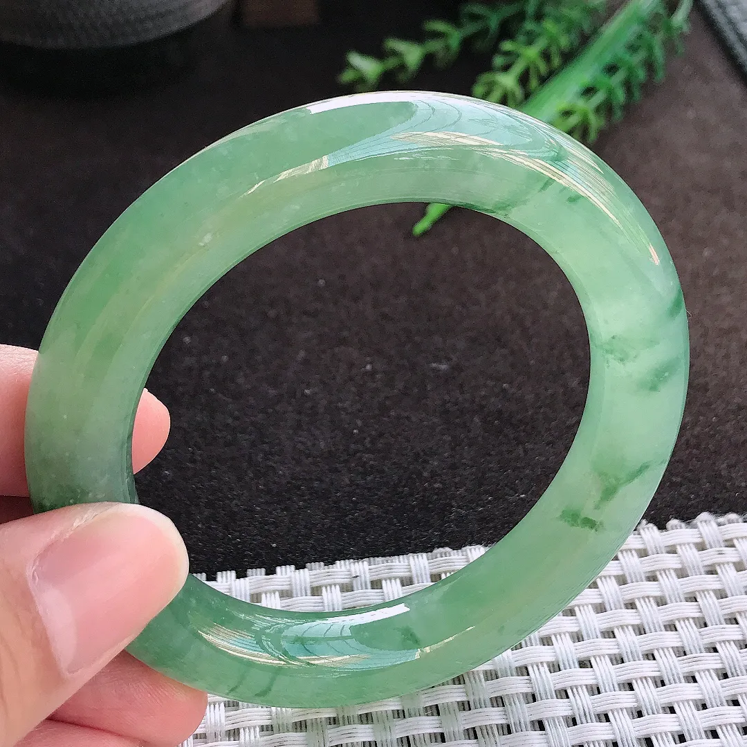 自然光55/11.2/11老坑冰胶果冻冰晴满绿圆条手镯翡翠玉镯美人镯