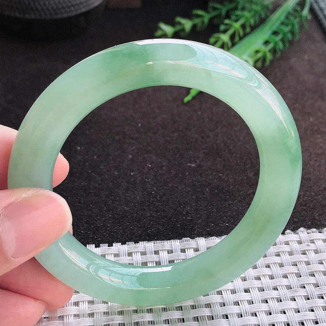 自然光54.5/18.7/10.8老坑冰胶果冻冰晴绿圆条手镯翡翠玉镯美人镯