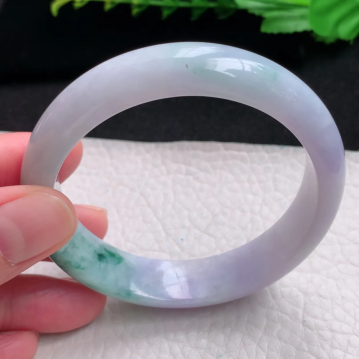 hy自然光57.5*14.3*7.8平安镯 天然缅甸翡翠a货春带彩宽边玉手镯 玉手环