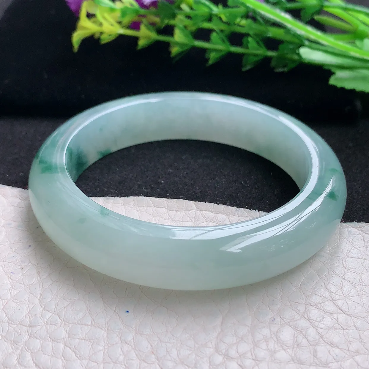 r自然光54.5*12.6*9平安镯 天然缅甸翡翠a货冰飘花厚装宽边玉手镯 玉手环