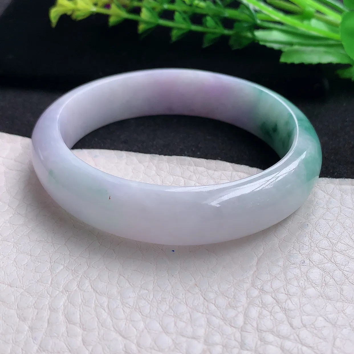 hy自然光57.5*14.3*7.8平安镯 天然缅甸翡翠a货春带彩宽边玉手镯 玉手环