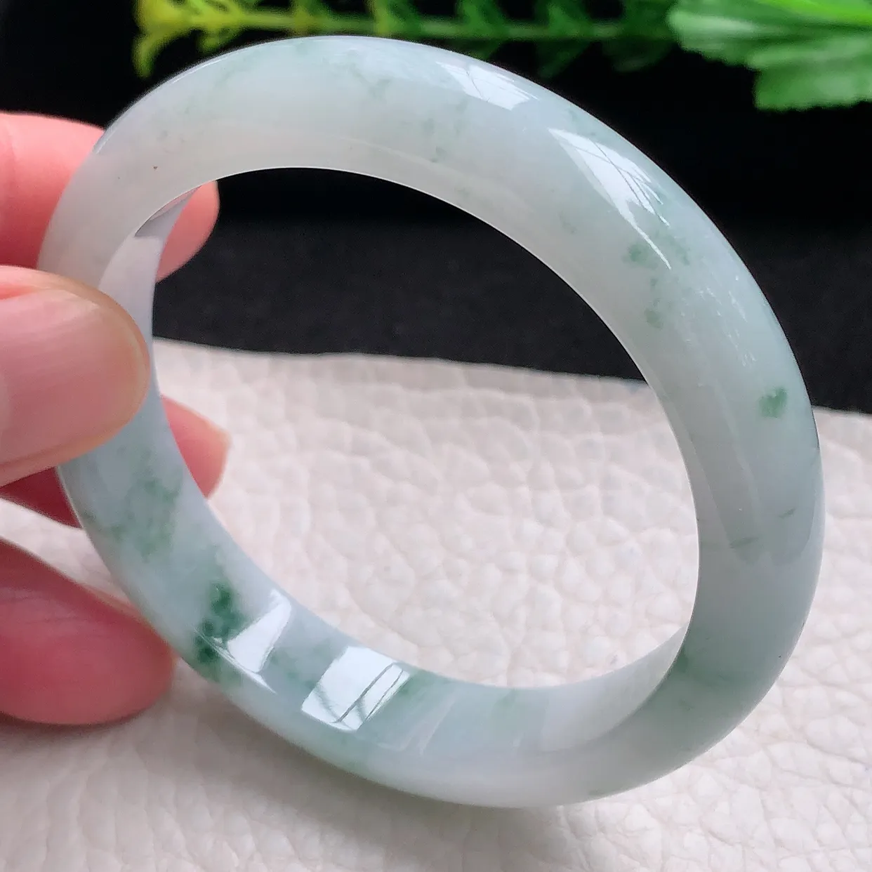 hy自然光53*11.8*7.3平安镯 天然缅甸翡翠a货冰飘花秀气宽边玉手镯 玉手环