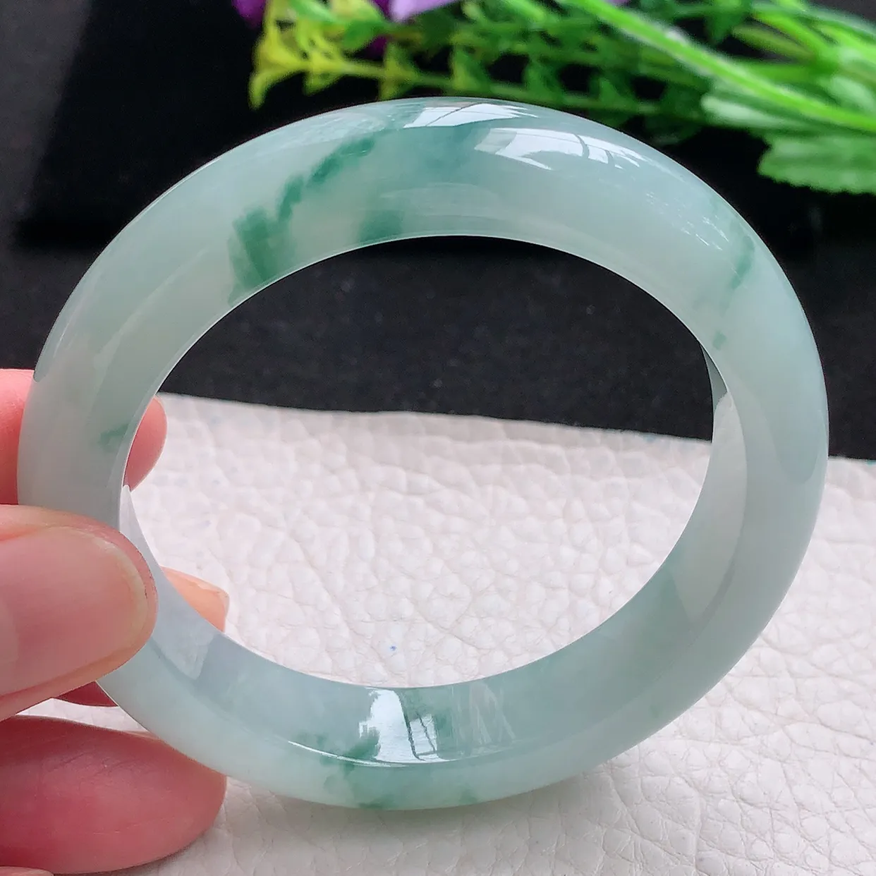 r自然光54.5*12.6*9平安镯 天然缅甸翡翠a货冰飘花厚装宽边玉手镯 玉手环