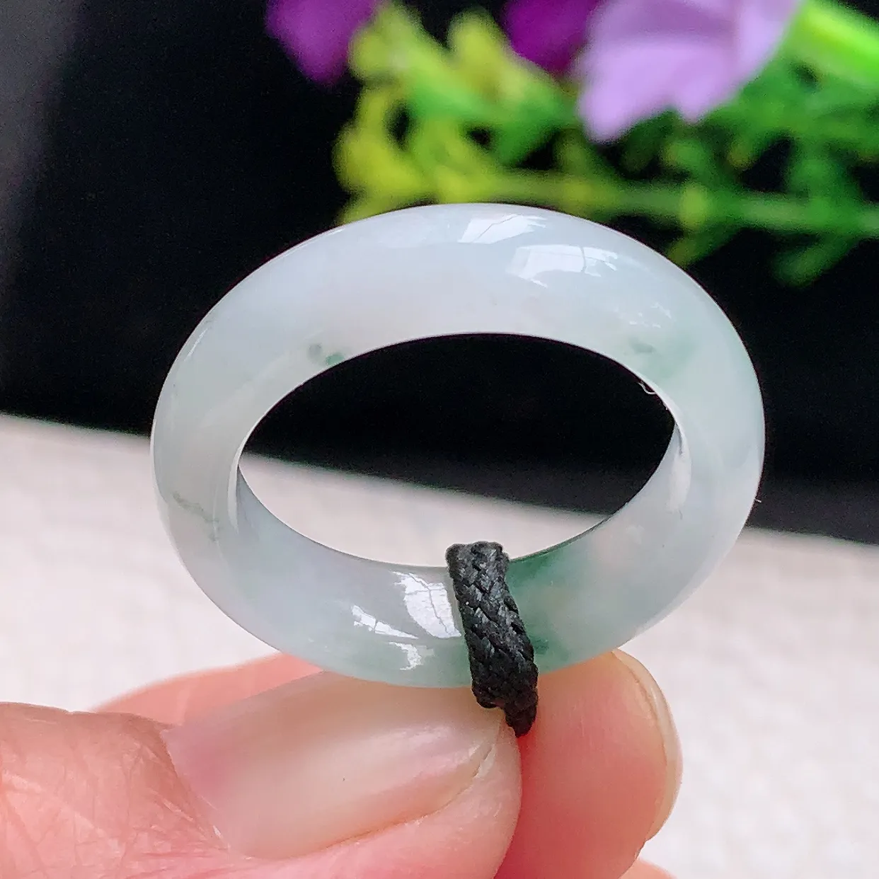 zl自然光19.5*6.7*3.6天然缅甸翡翠a 货19.5mm内径冰飘花玉戒指 玉指环