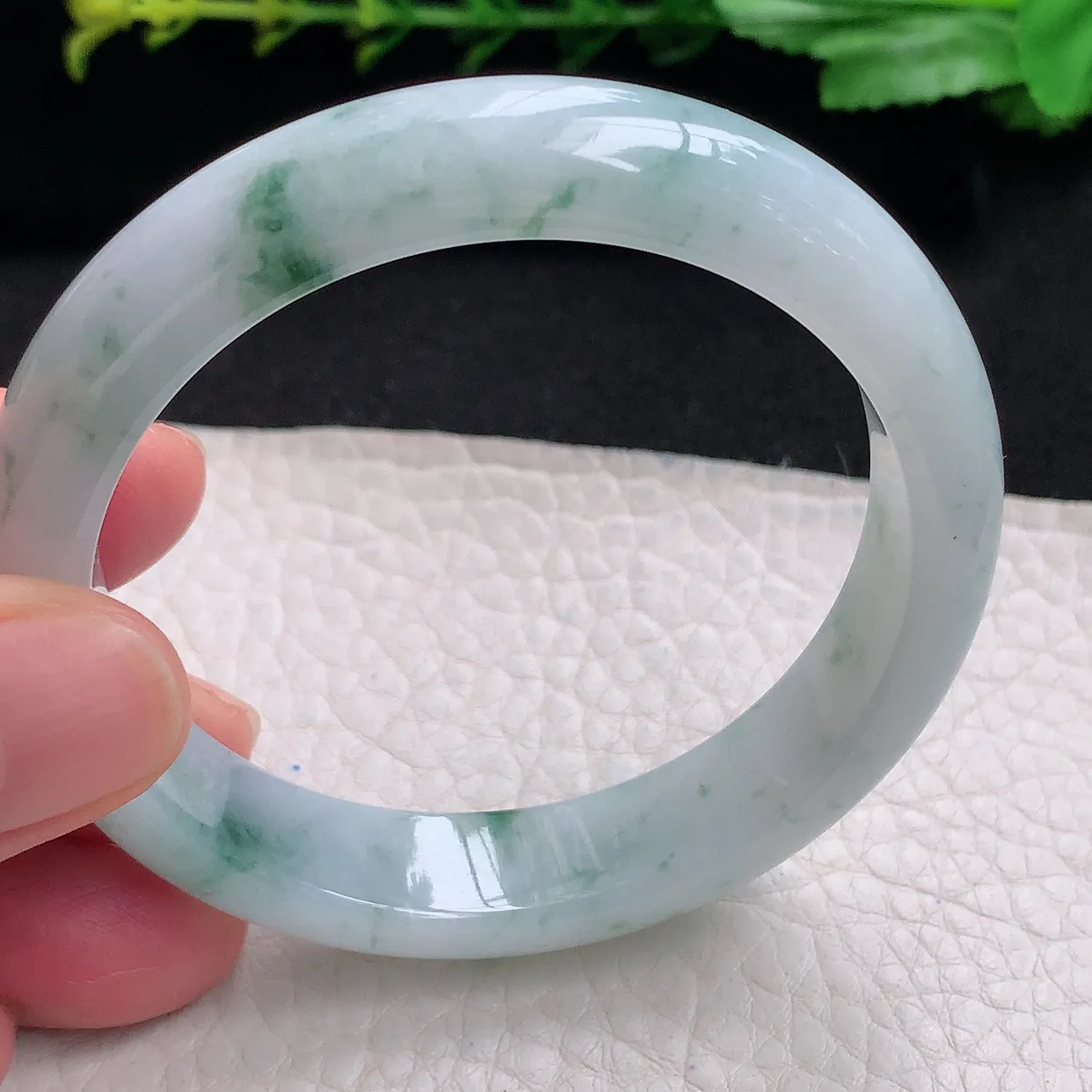 hy自然光53*11.8*7.3平安镯 天然缅甸翡翠a货冰飘花秀气宽边玉手镯 玉手环