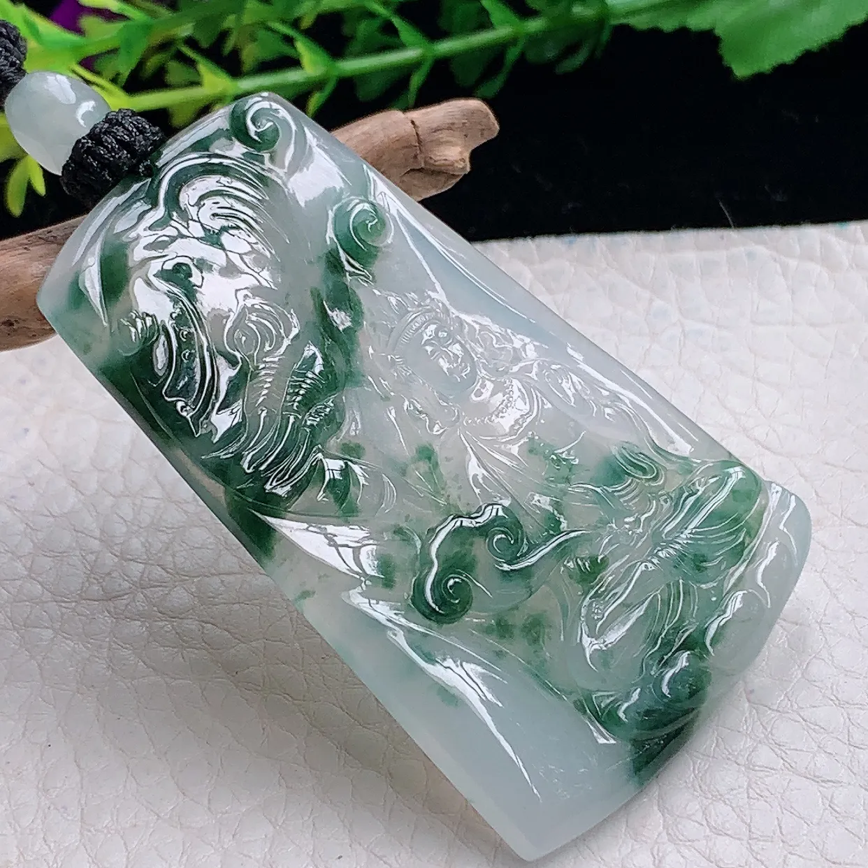 yl自然光61.5*38.8*5天然缅甸翡翠a货精雕冰飘花普贤菩萨观音玉坠 玉挂件