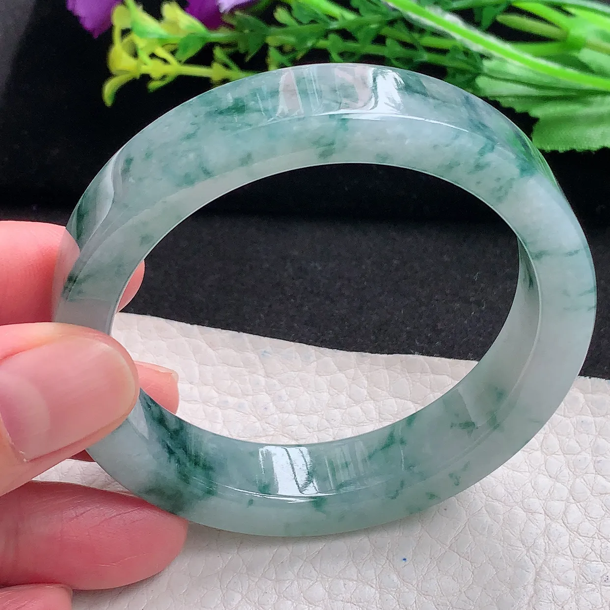 hh特色55*13*7.2宽扁镯 天然缅甸翡翠a货冰飘花宽边玉手镯 玉手环