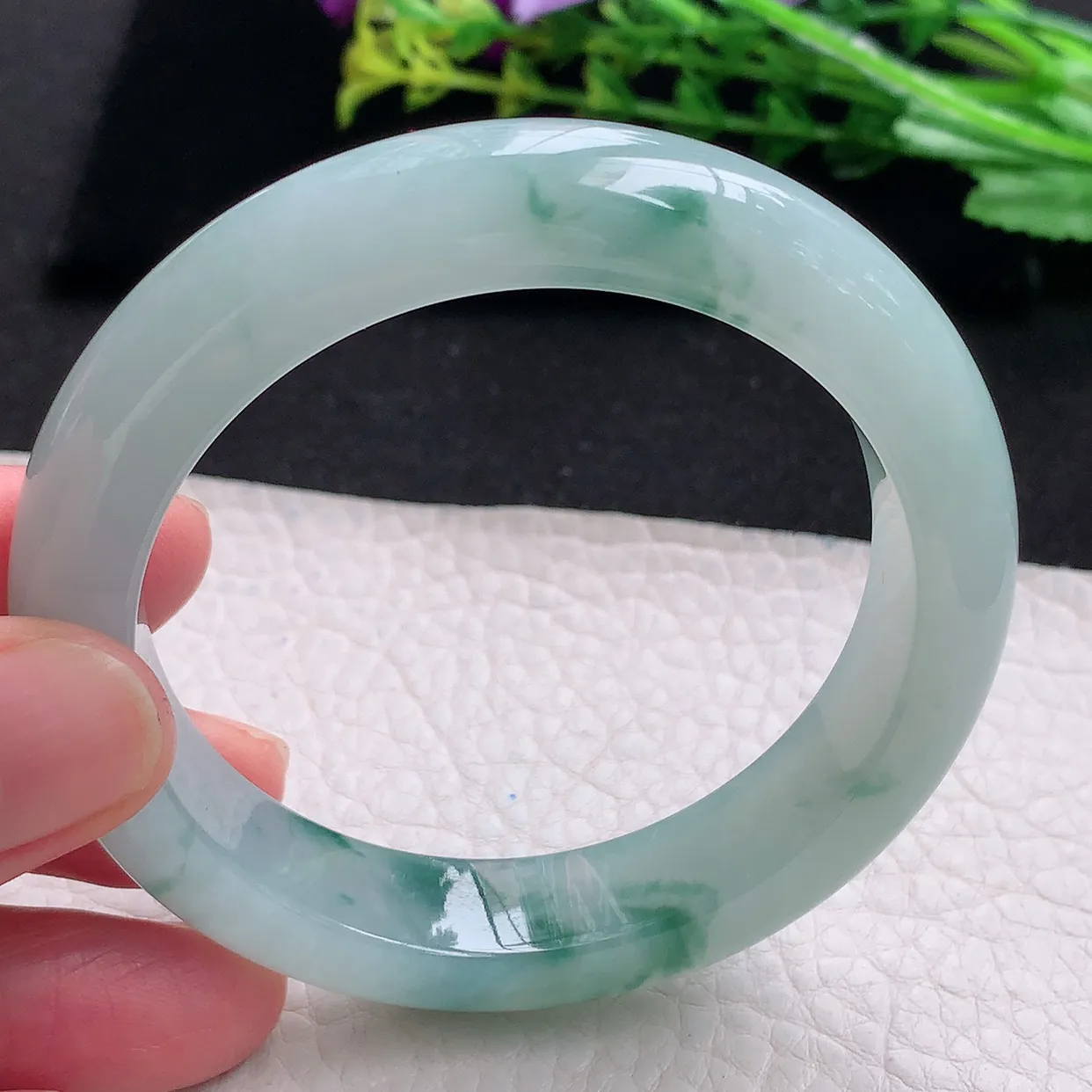 r自然光54.5*12.6*9平安镯 天然缅甸翡翠a货冰飘花厚装宽边玉手镯 玉手环