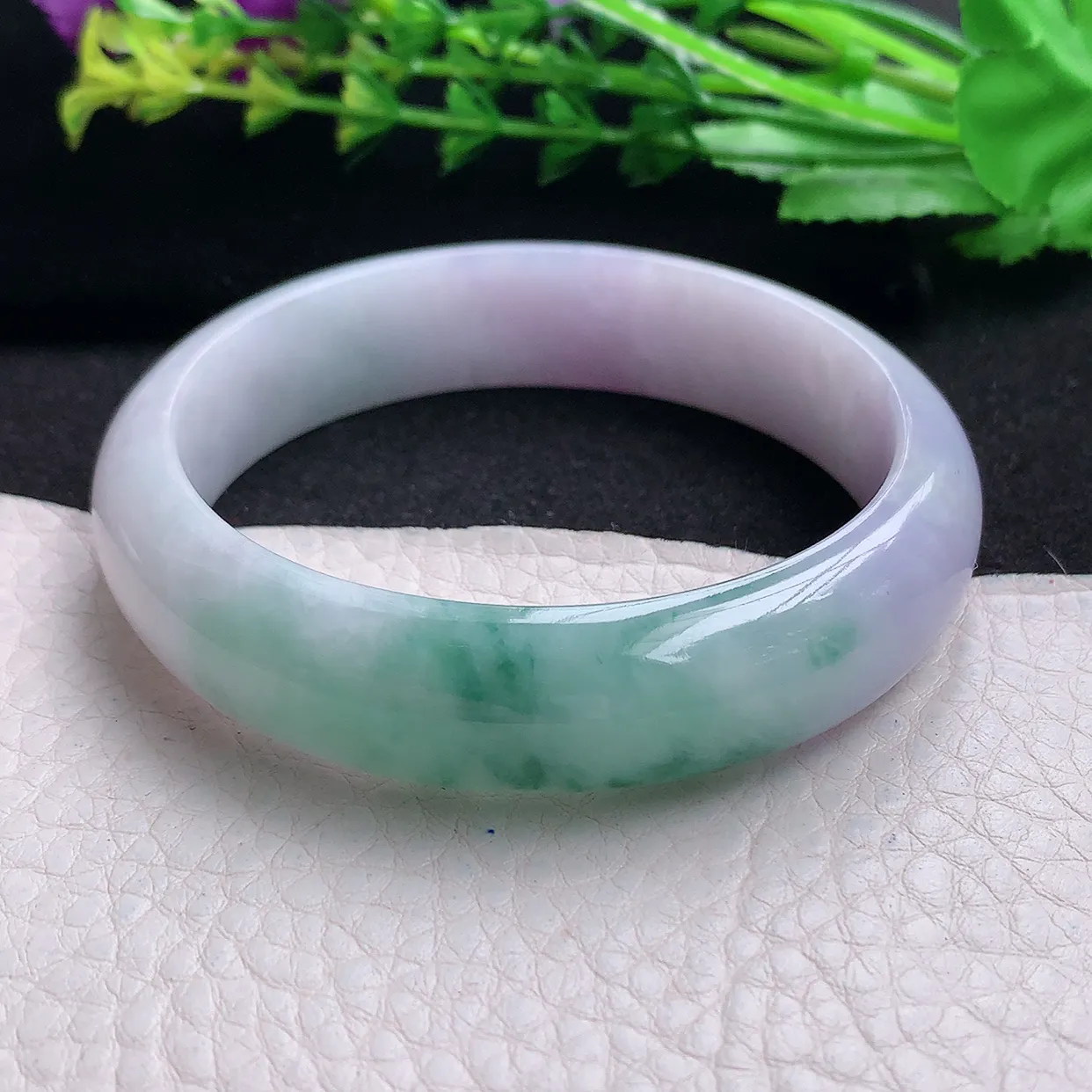 hy自然光57.5*14.3*7.8平安镯 天然缅甸翡翠a货春带彩宽边玉手镯 玉手环