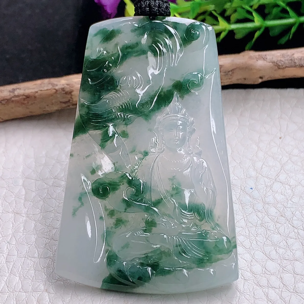 yl自然光61.5*38.8*5天然缅甸翡翠a货精雕冰飘花普贤菩萨观音玉坠 玉挂件
