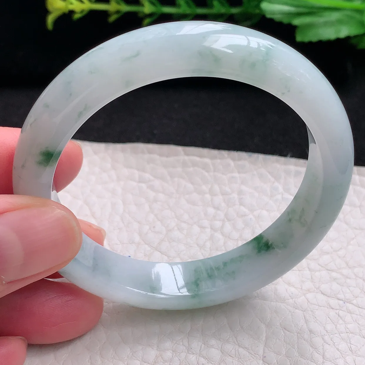 hy自然光53*11.8*7.3平安镯 天然缅甸翡翠a货冰飘花秀气宽边玉手镯 玉手环