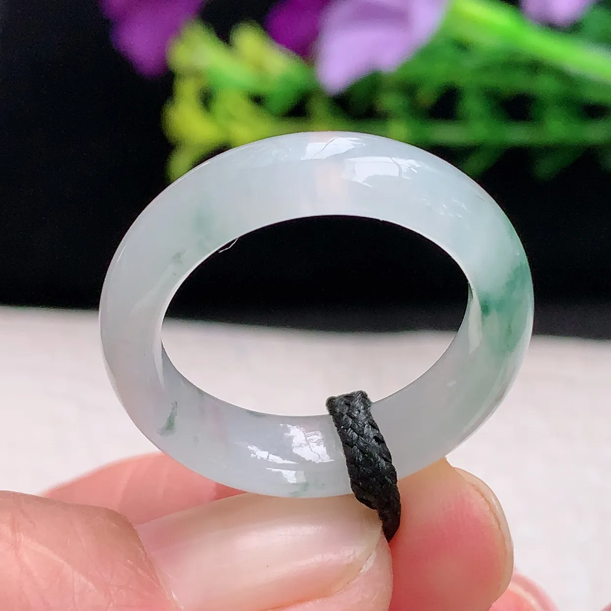 zl自然光19.5*6.7*3.6天然缅甸翡翠a 货19.5mm内径冰飘花玉戒指 玉指环