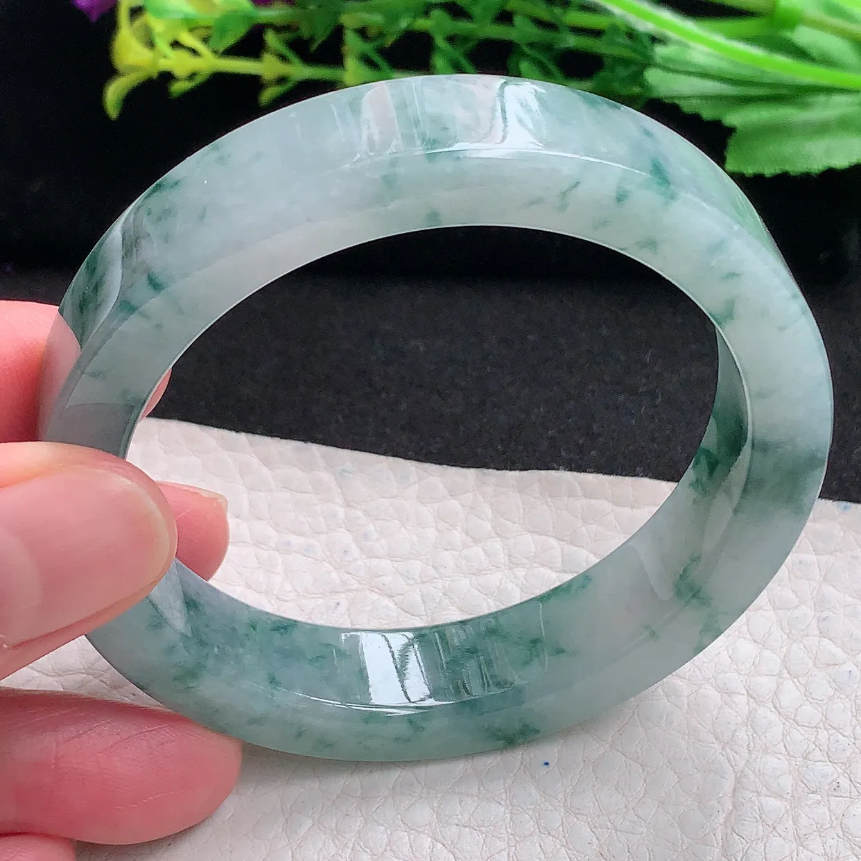 hh特色55*13*7.2宽扁镯 天然缅甸翡翠a货冰飘花宽边玉手镯 玉手环