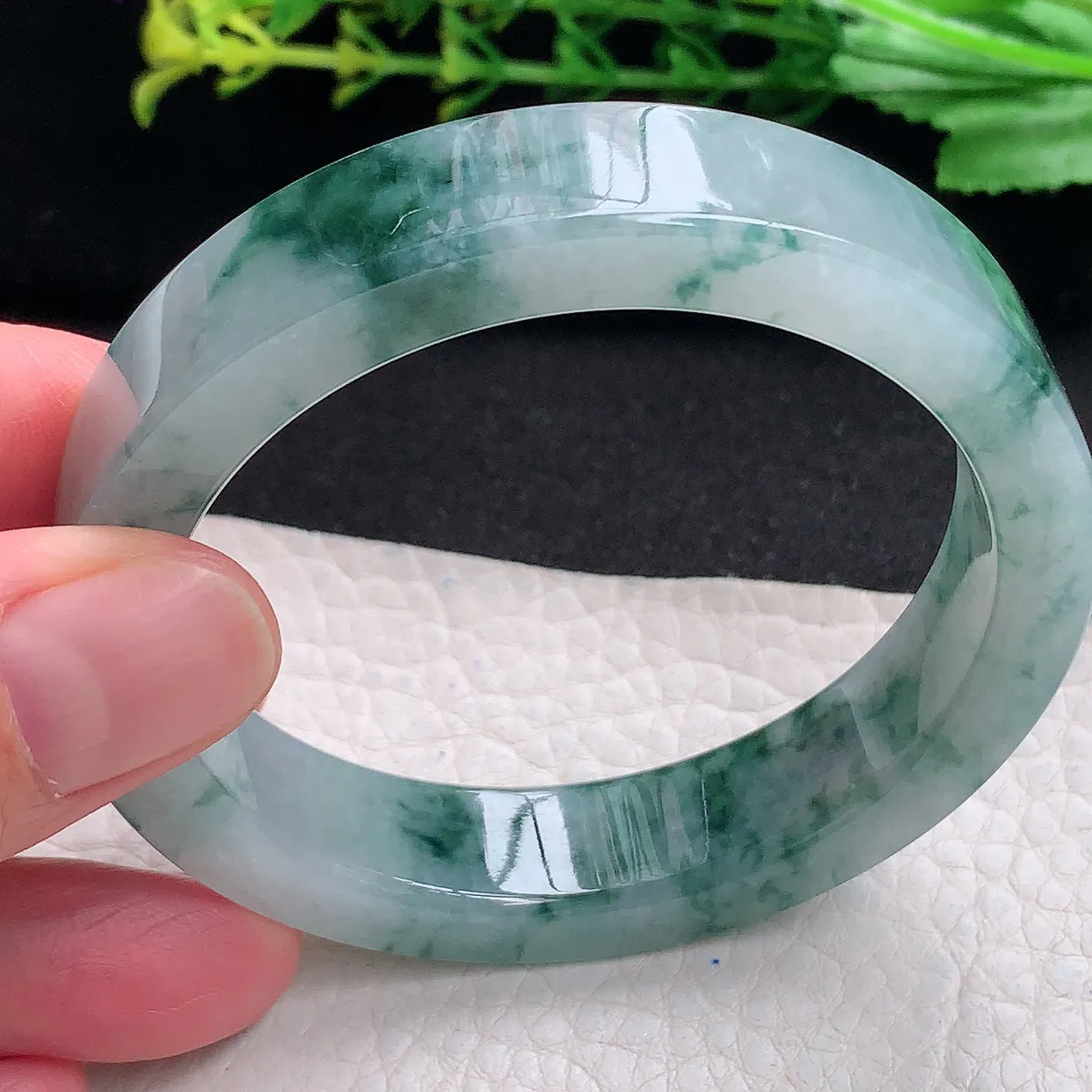 hy特色55*13*7.2宽扁镯 天然缅甸翡翠a货冰飘花宽边玉手镯 玉手环