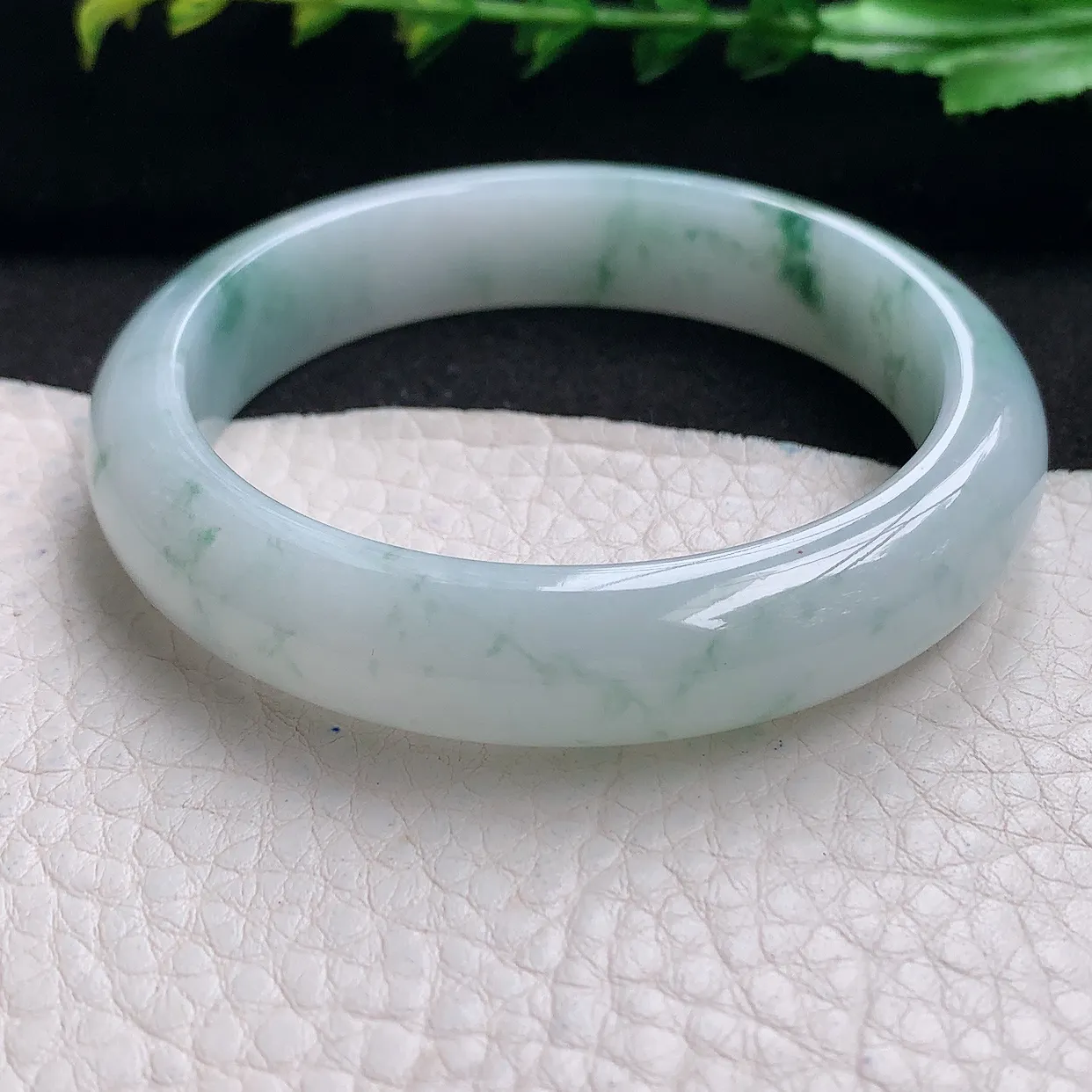 hy自然光53*11.8*7.3平安镯 天然缅甸翡翠a货冰飘花秀气宽边玉手镯 玉手环