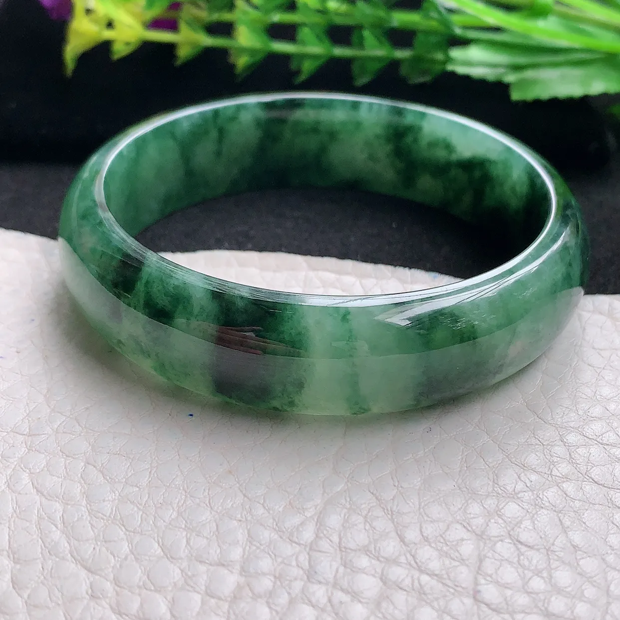 hy自然光58*15*6.6轮胎镯 天然缅甸翡翠a货冰油飘花宽边玉手镯 玉手环