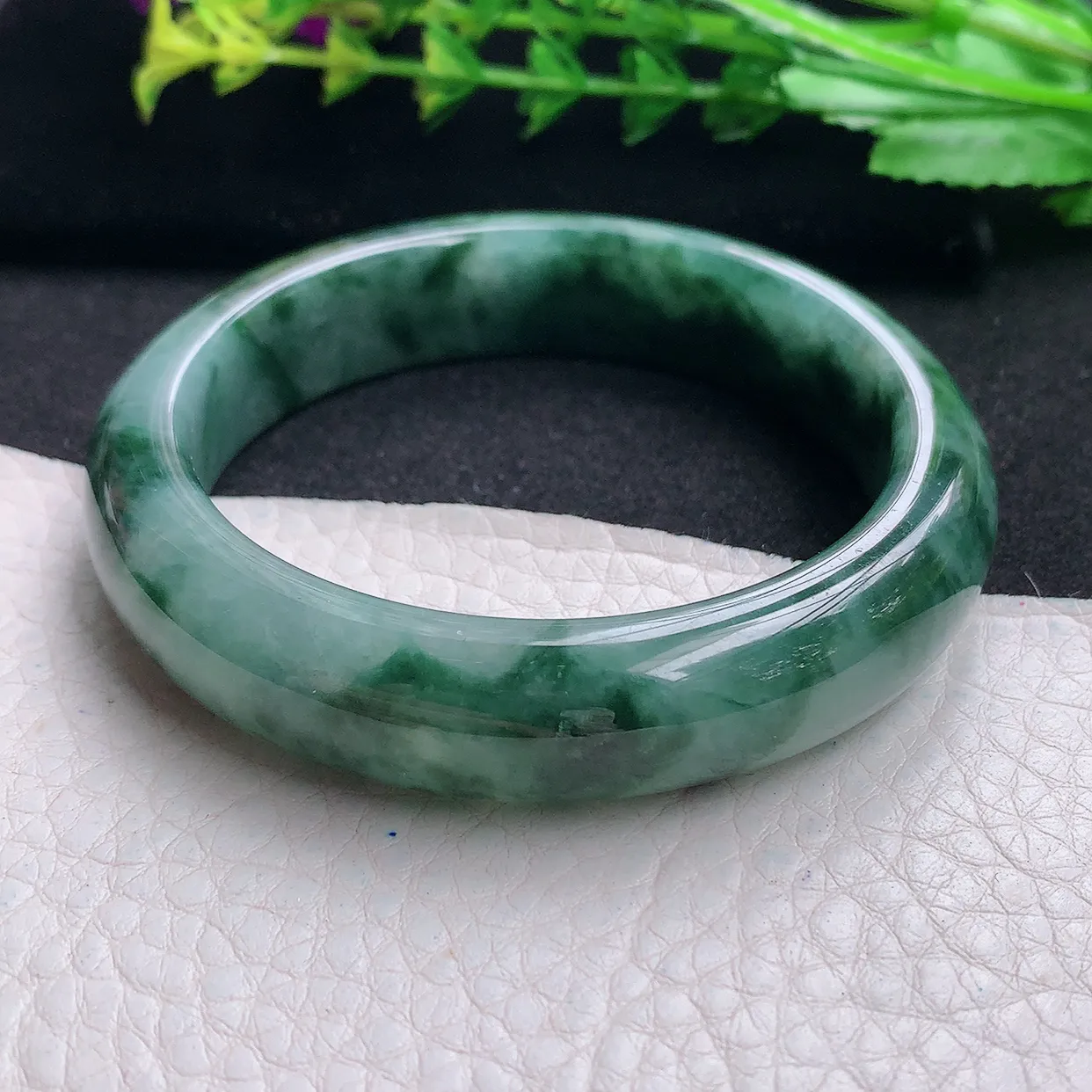 js自然光55.5*13.5*8.5平安镯 天然缅甸翡翠a货冰飘花宽边玉手镯 玉手环