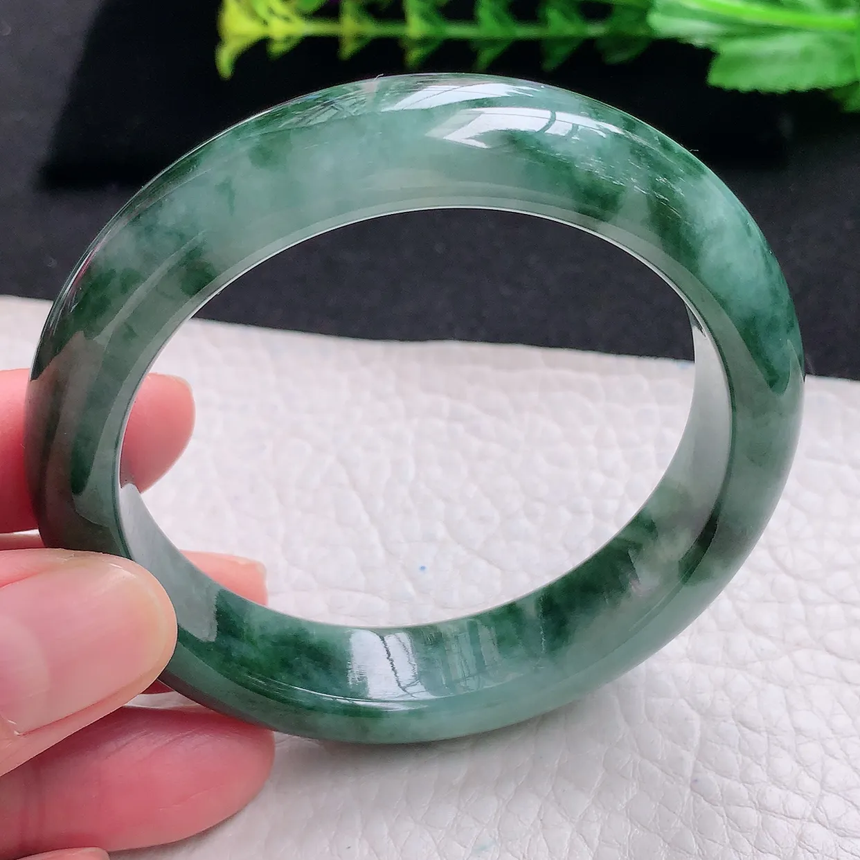 js自然光55.5*13.5*8.5平安镯 天然缅甸翡翠a货冰飘花宽边玉手镯 玉手环