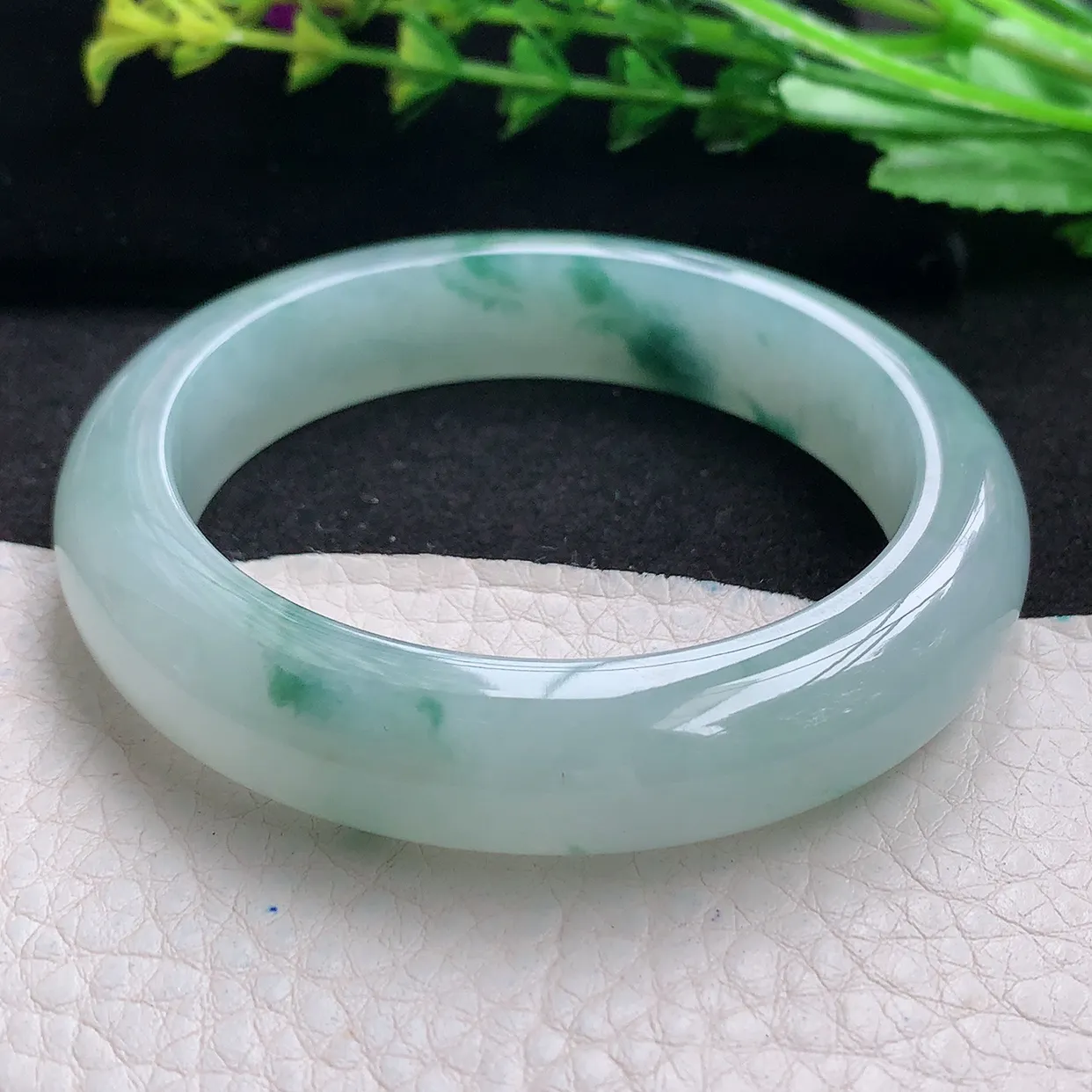 r自然光54.5*12.6*9平安镯 天然缅甸翡翠a货冰飘花厚装宽边玉手镯 玉手环