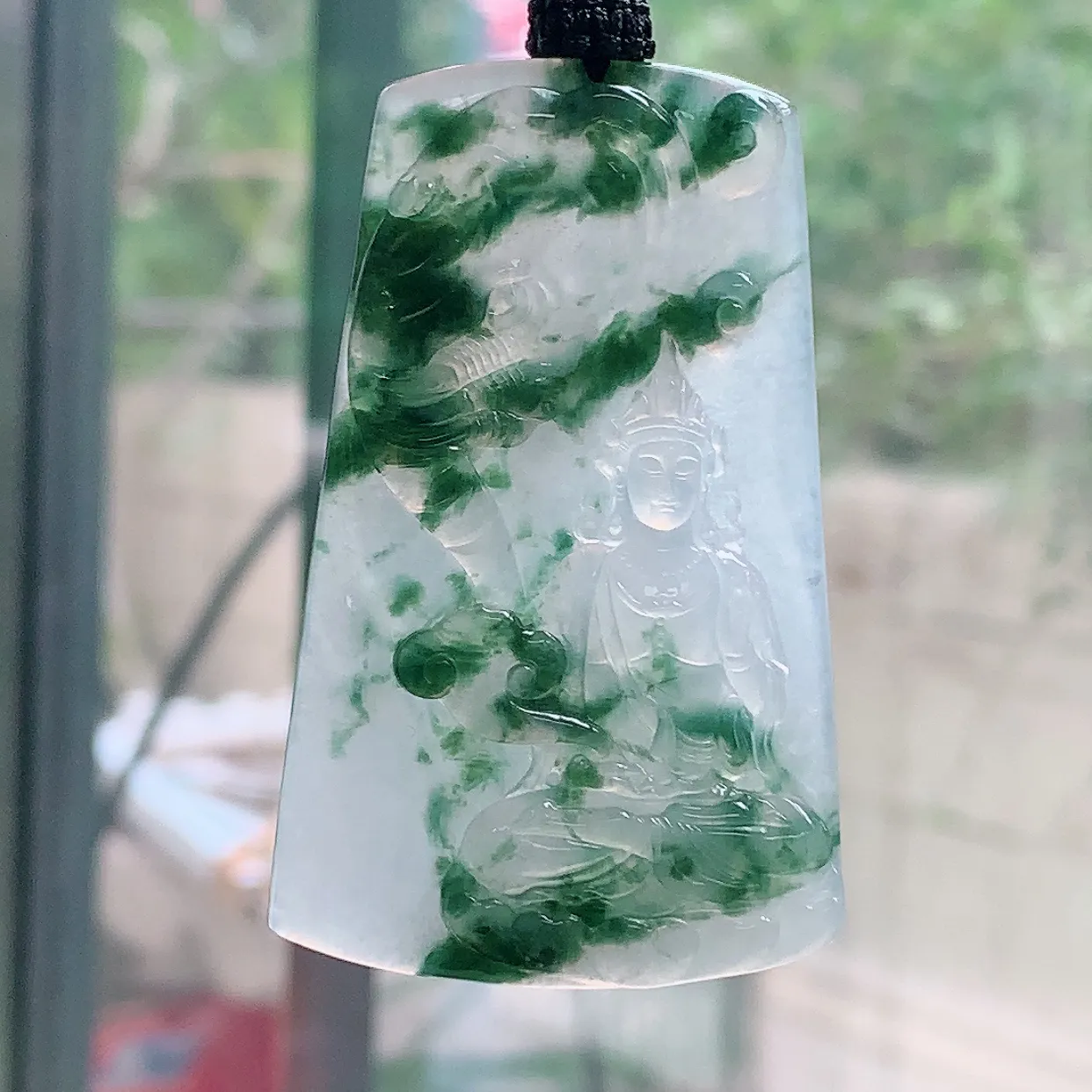 yl自然光61.5*38.8*5天然缅甸翡翠a货精雕冰飘花普贤菩萨观音玉坠 玉挂件