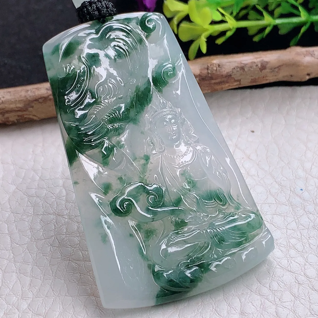 yl自然光61.5*38.8*5天然缅甸翡翠a货精雕冰飘花普贤菩萨观音玉坠 玉挂件