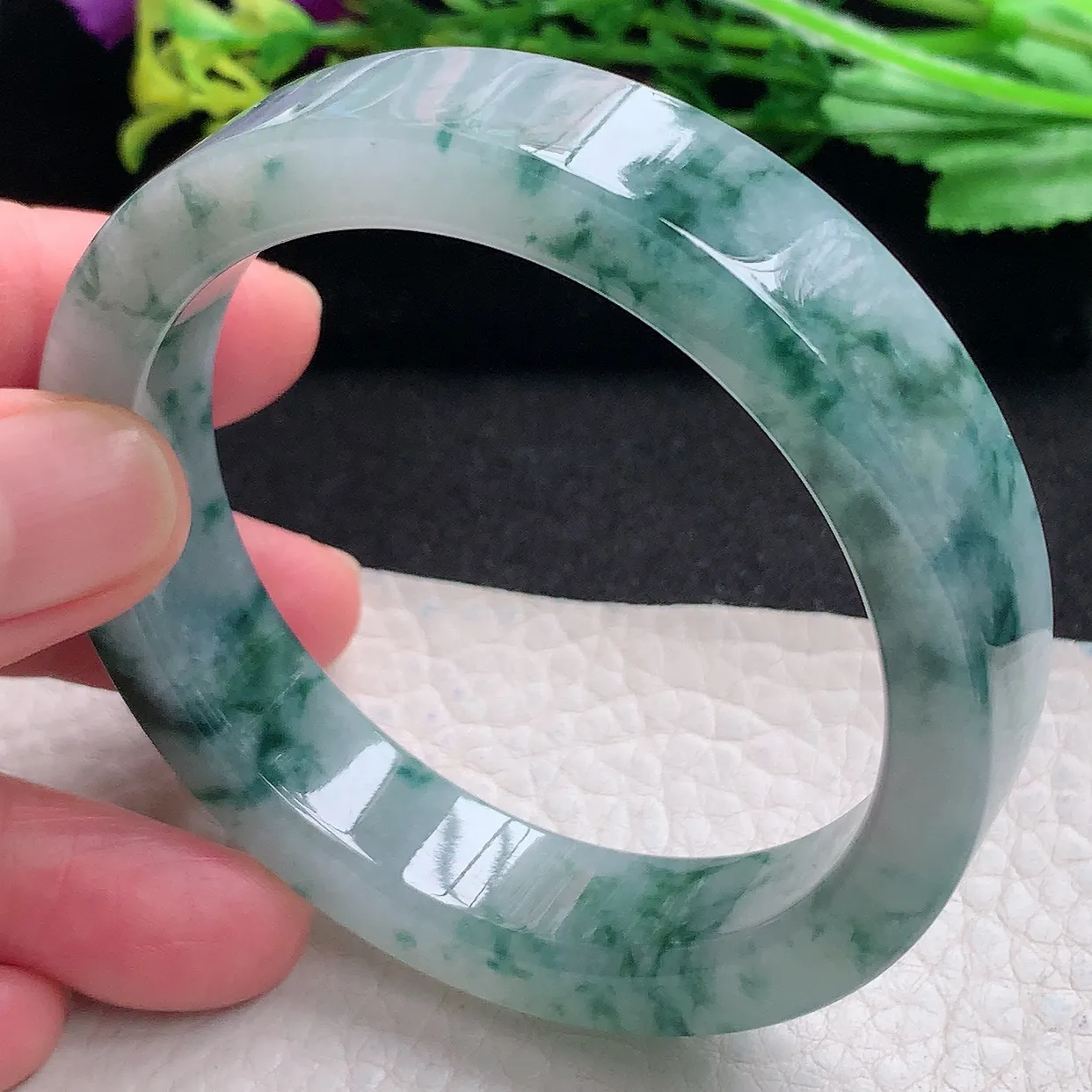 hh特色55*13*7.2宽扁镯 天然缅甸翡翠a货冰飘花宽边玉手镯 玉手环