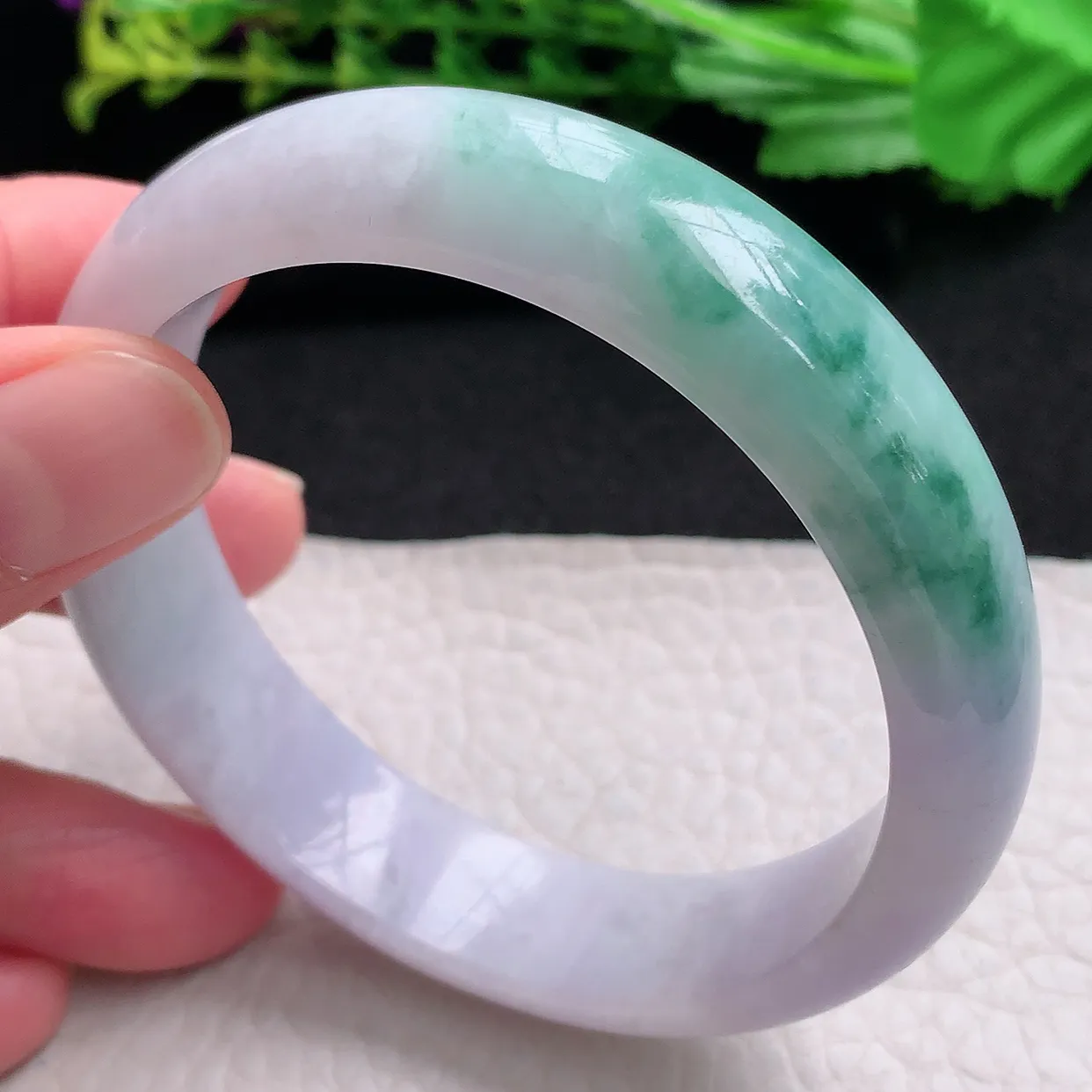 hy自然光57.5*14.3*7.8平安镯 天然缅甸翡翠a货春带彩宽边玉手镯 玉手环
