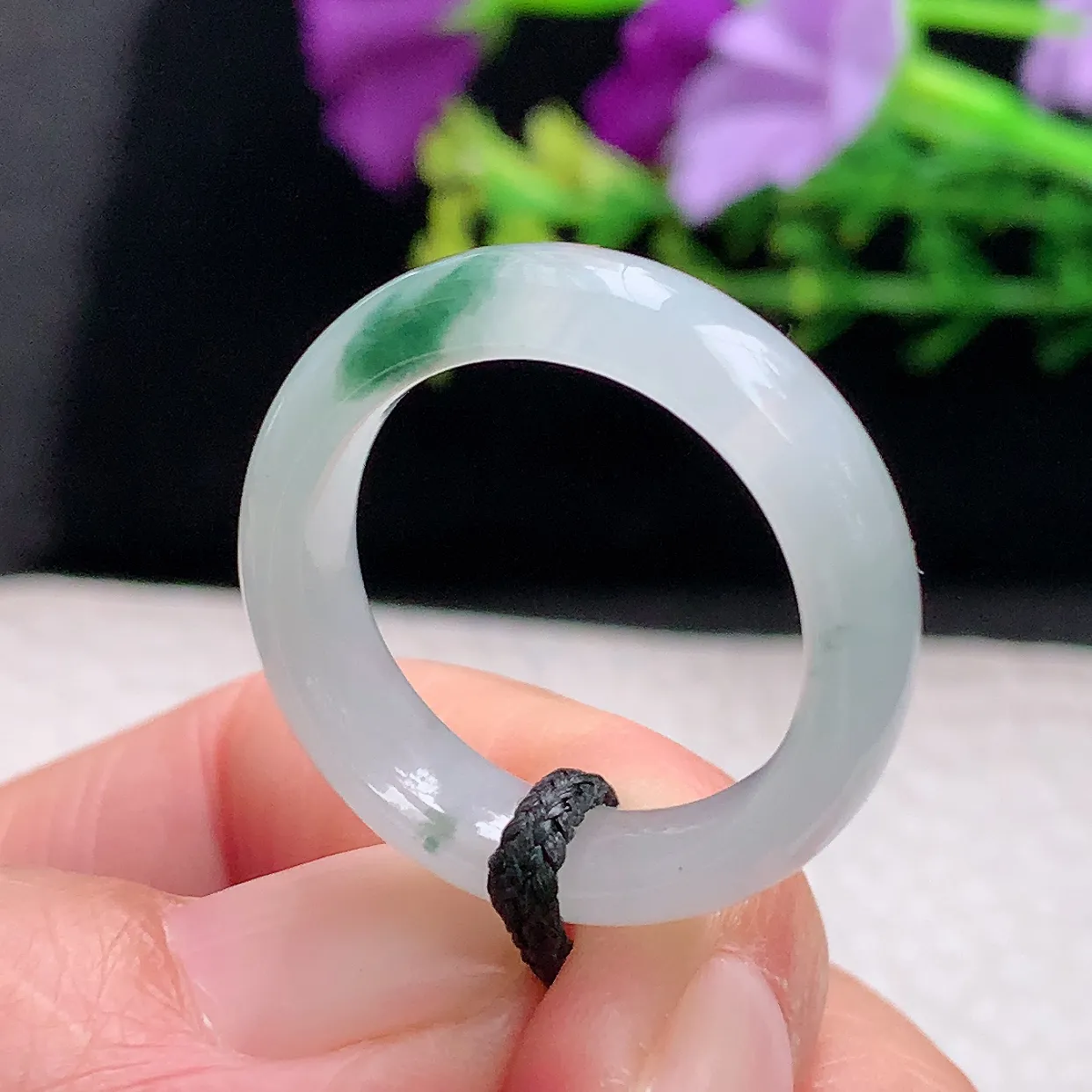 zl自然光19.5*6.7*3.6天然缅甸翡翠a 货19.5mm内径冰飘花玉戒指 玉指环