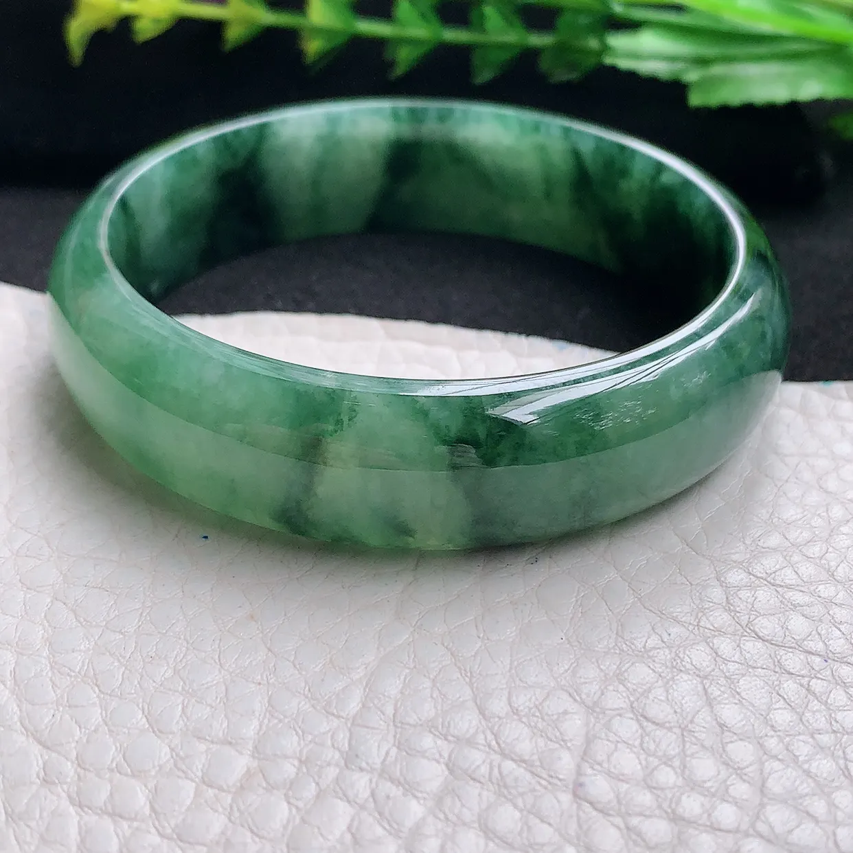 hy自然光58*15*6.6轮胎镯 天然缅甸翡翠a货冰油飘花宽边玉手镯 玉手环